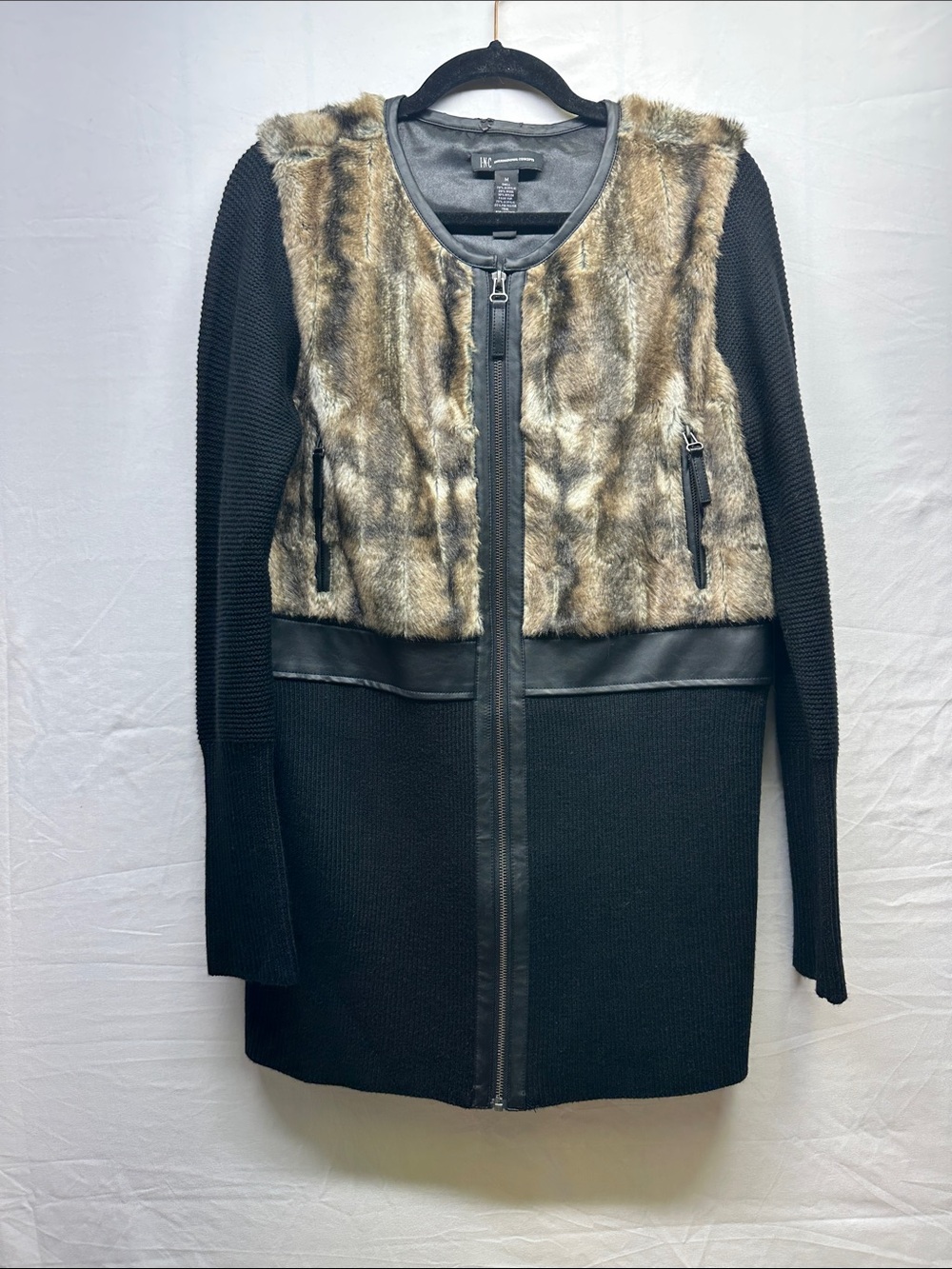 INC International Concepts Black Knit Jacket with Faux Fur Front Panel